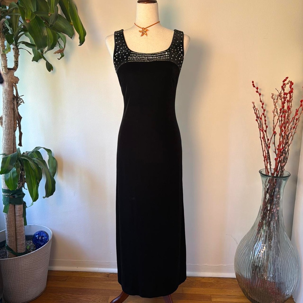 Robbie Bee Vintage 90s Black Velvet Sequin Beaded Maxi Gown Dress 6